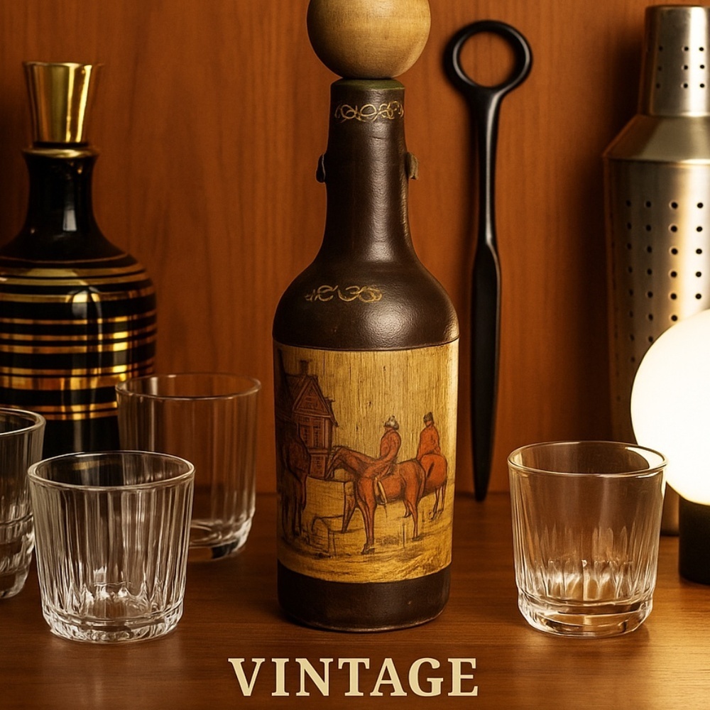 Vintage Brown Leather Wrapped Decanter Bottle Wood‎ Stopper Rustic Barware OS